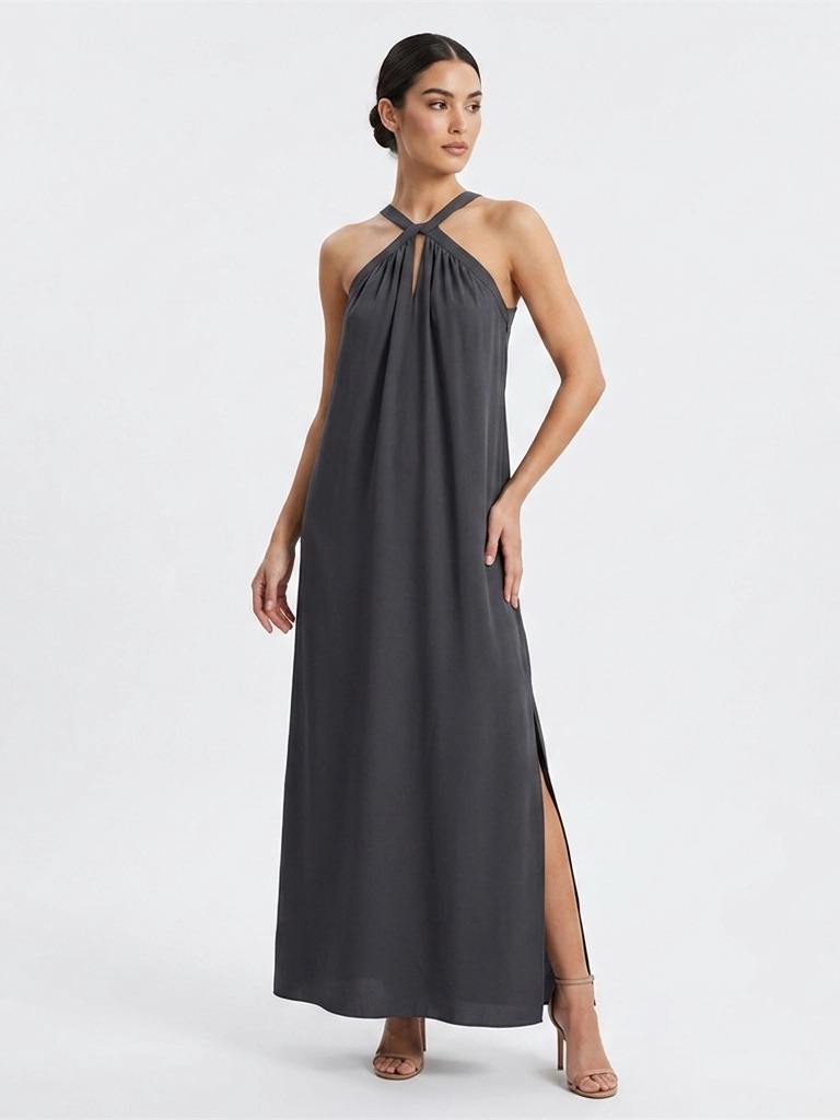 Worthington, Charcoal Halter Maxi Dress With Side Slit - S